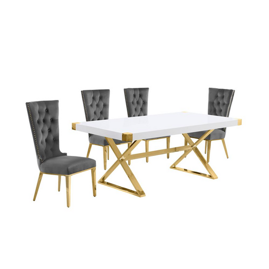 5pc Small(78") white wood top dining set with gold base and 4 chairs