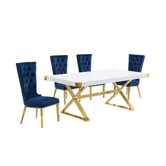 5pc Small(78") white wood top dining set with gold base and 4 chairs