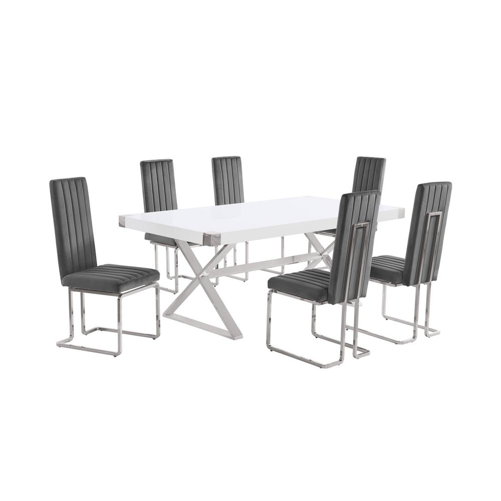 7pc Small(78") white wood top dining set with silver base and 6 chiars