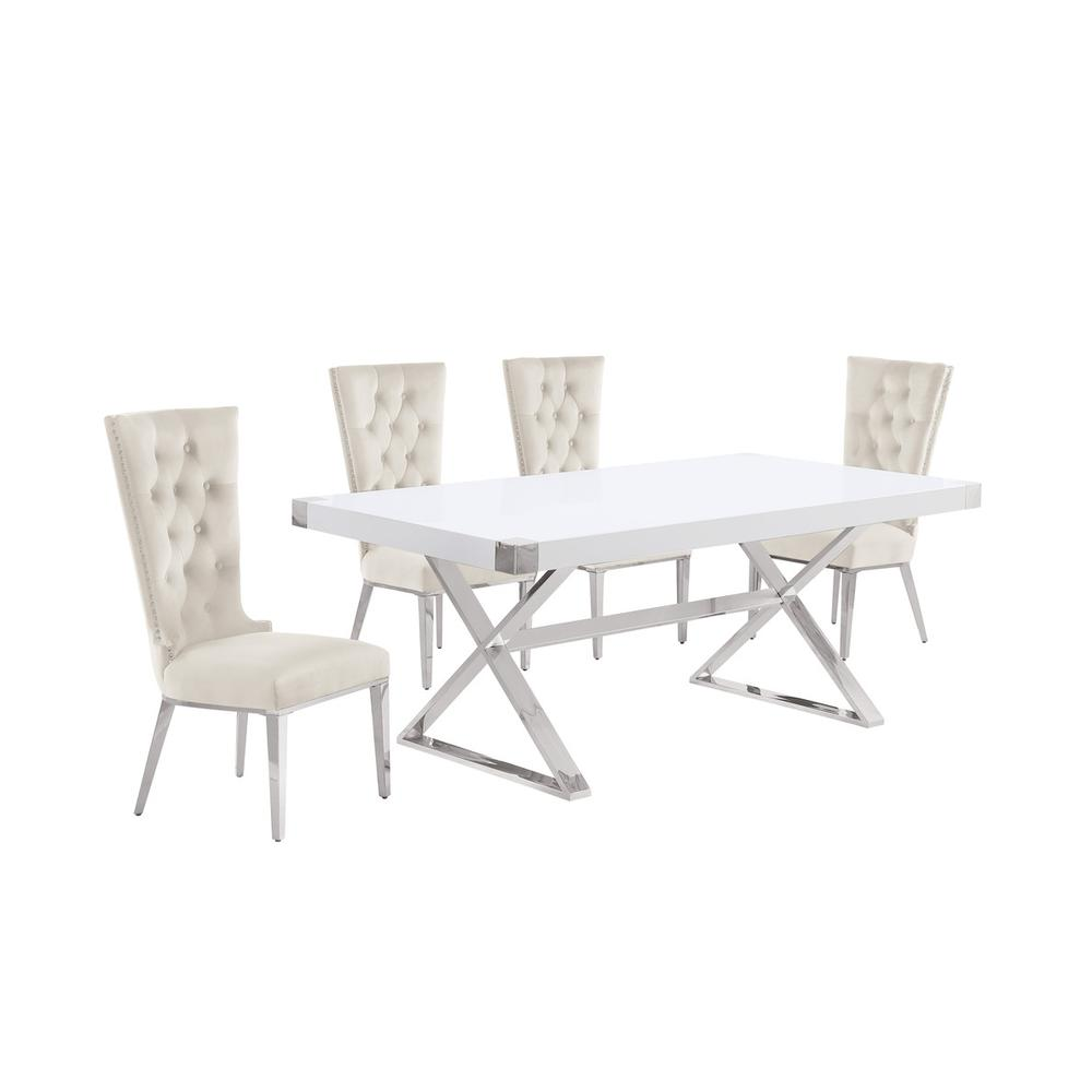 5pc Small(78") white wood top dining set with silver base and 4 chairs