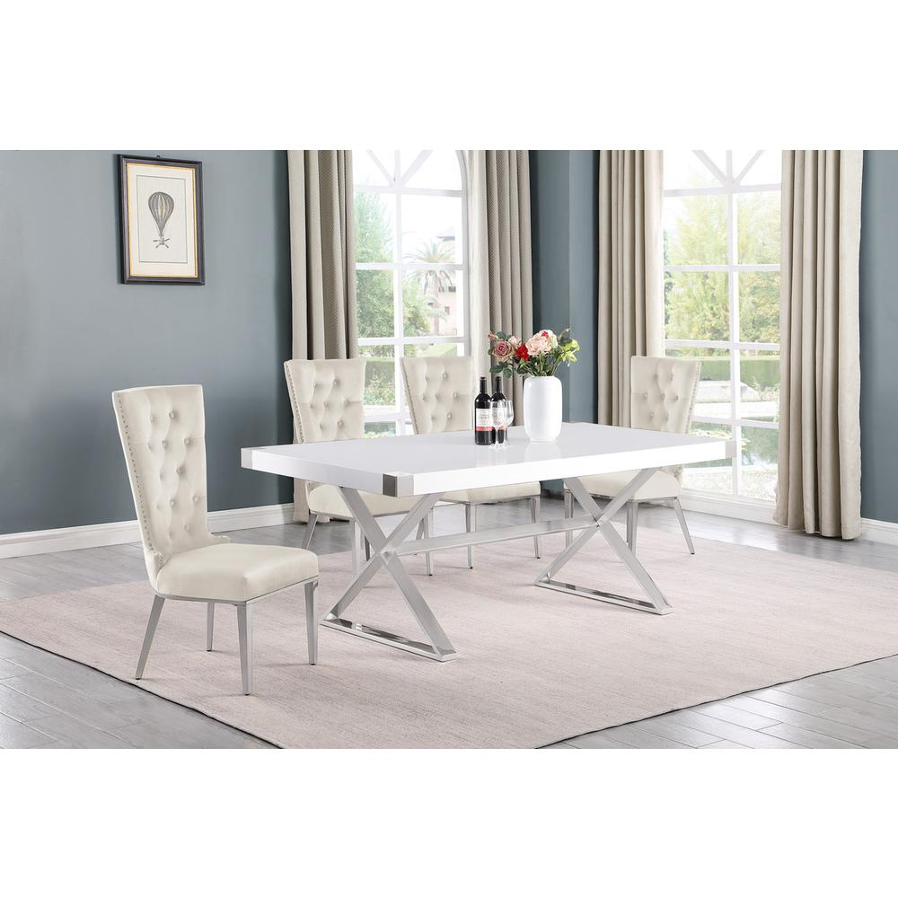 5pc Small(78") white wood top dining set with silver base and 4 chairs