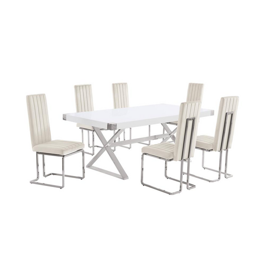 7pc Small(78") white wood top dining set with silver base and 6 chairs