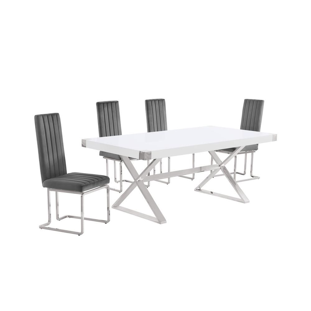 5pc Small(78") white wood top dining set with silver base and 4 chairs