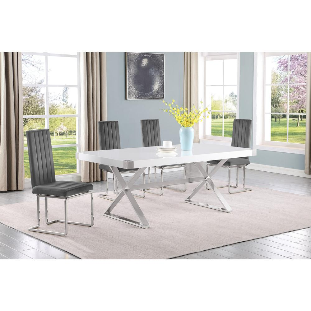 5pc Small(78") white wood top dining set with silver base and 4 chairs