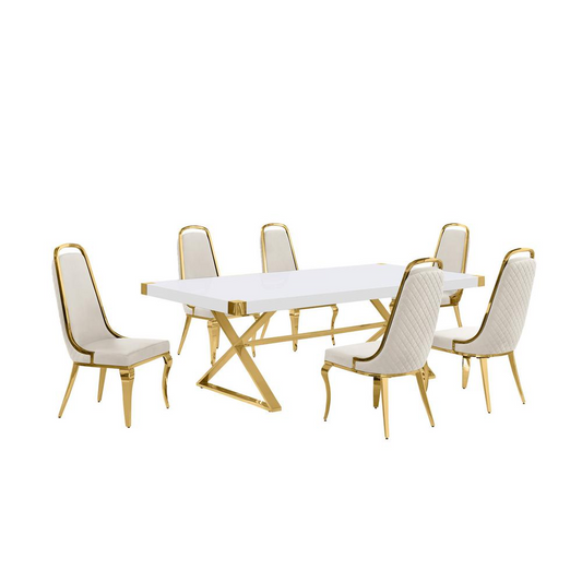 7pc Large(94") white wood top dining set with gold base and 6 Cream side chairs