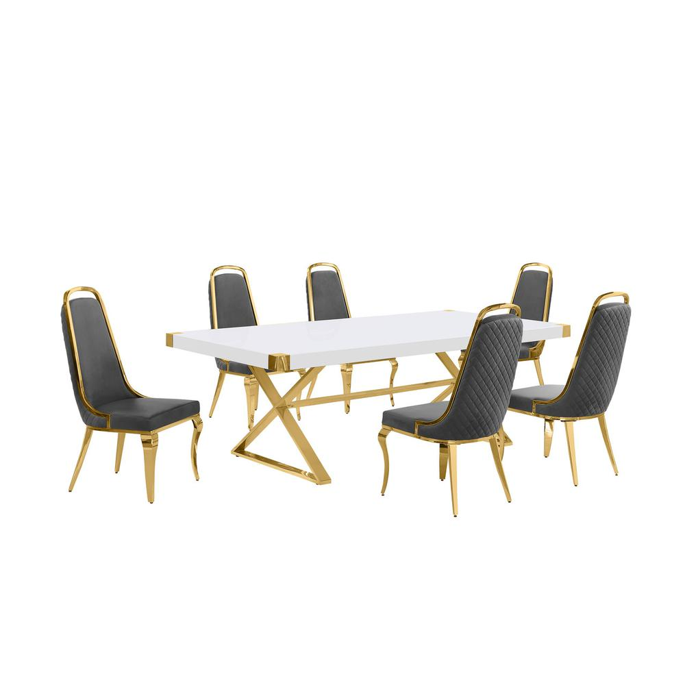 Maiy 7pc Large(94") white wood top dining set with gold base and 6 chairs