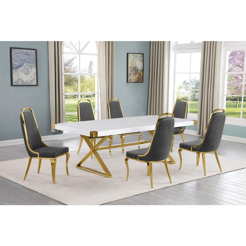 Maiy 7pc Large(94") white wood top dining set with gold base and 6 chairs