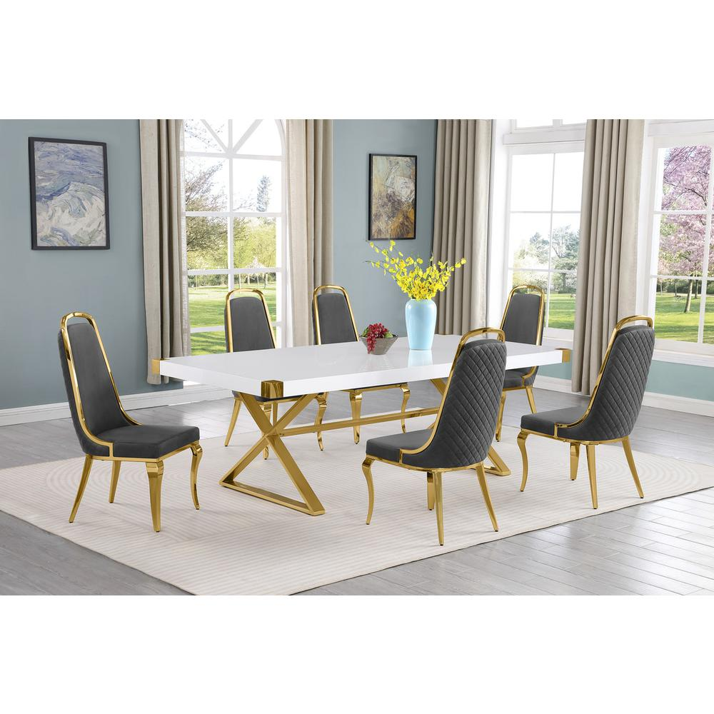 Maiy 7pc Large(94") white wood top dining set with gold base and 6 chairs