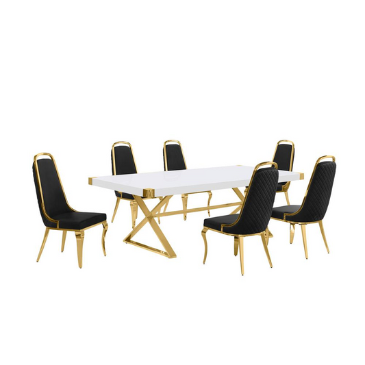 7pc Large(94") white wood top dining set with gold base and 6 Black side chairs