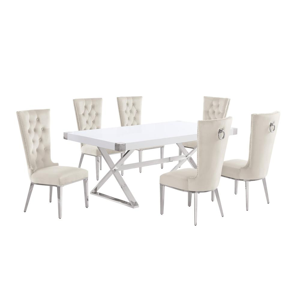 7pc Small(78") white wood top dining set with silver base and 6 chairs