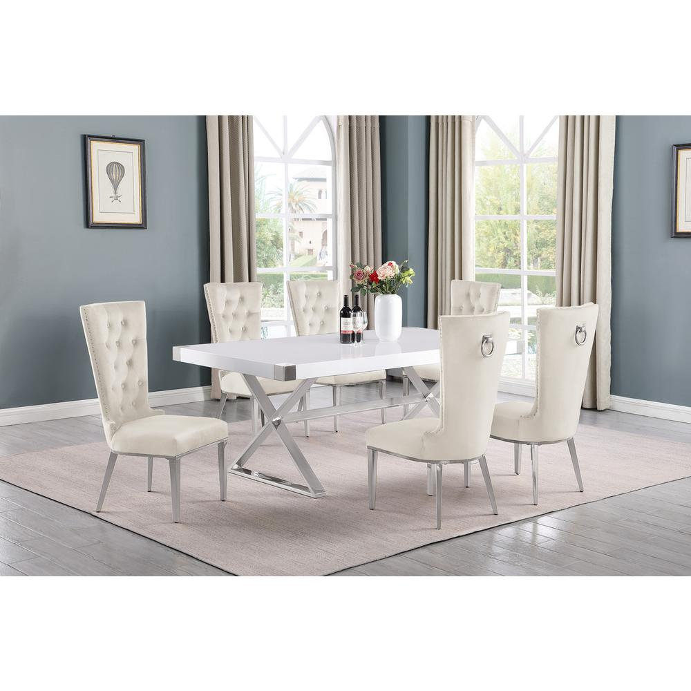 7pc Small(78") white wood top dining set with silver base and 6 chairs