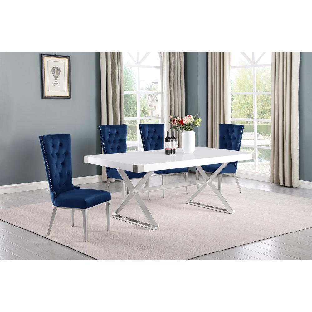 5pc Small(78") white wood top dining set with silver base and 4 chairs