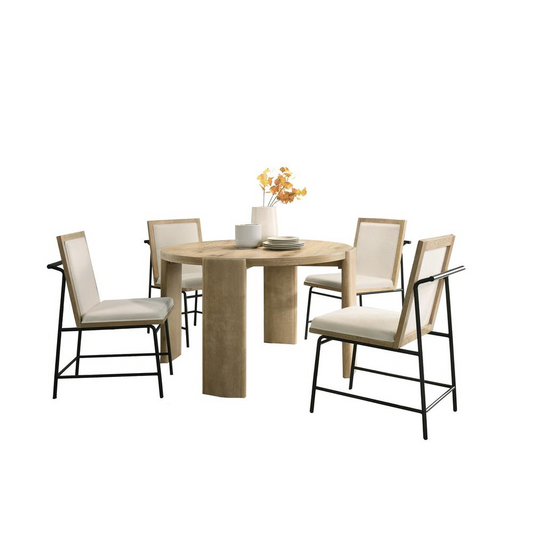 Bowen Oak Finish 47" Round Dining Table Set with Cream Color Upholstered Chairs