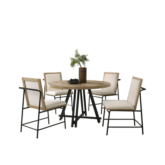 Tate Oak Finish 47" Round Dining Table Set with Cream Color Upholstered Chairs