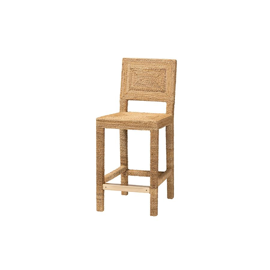 Anfield Modern Bohemian Natural Seagrass and Mahogany Wood Counter Stool