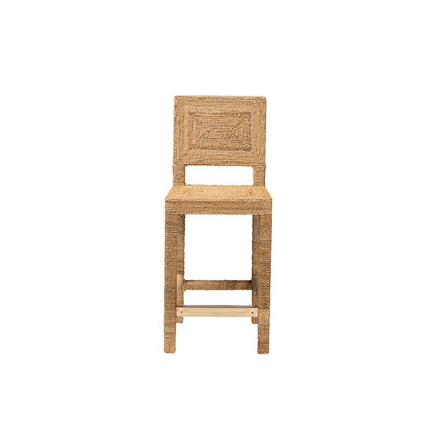 Anfield Modern Bohemian Natural Seagrass and Mahogany Wood Counter Stool