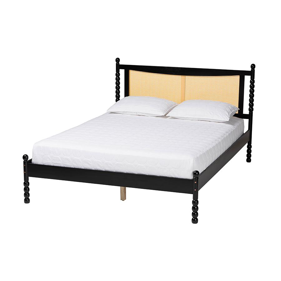 Okena Mid-Century Modern Black Wood Queen Size Platform Bed with Woven Rattan