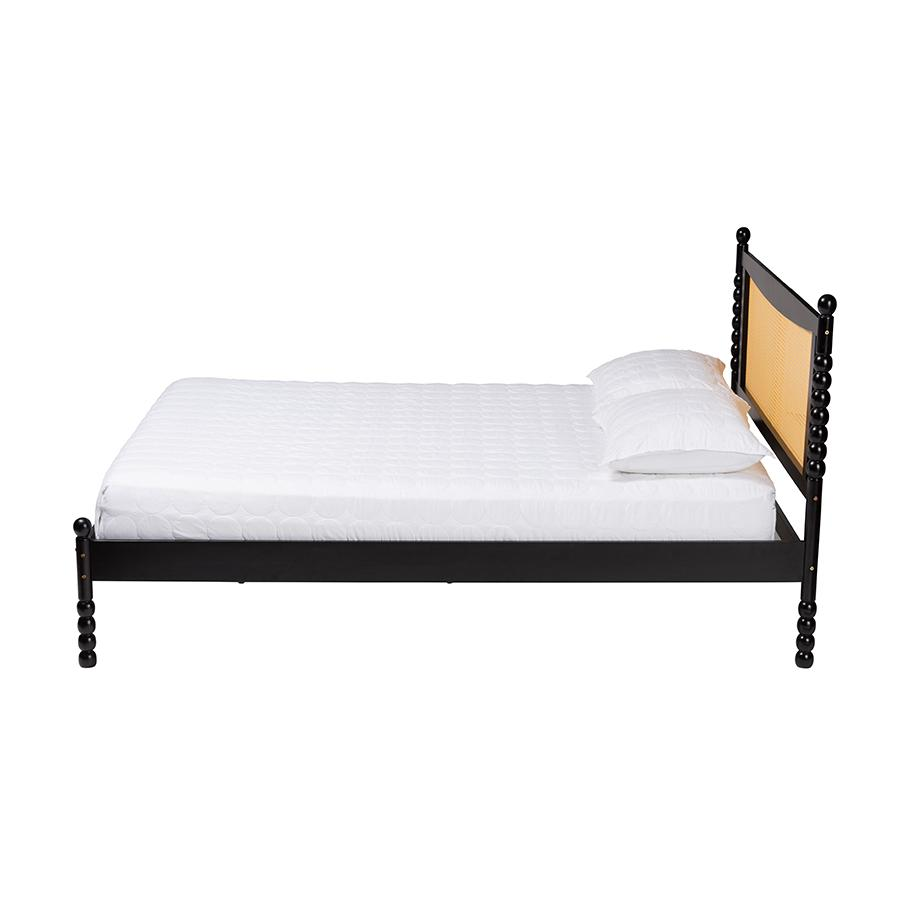 Okena Mid-Century Modern Black Wood Queen Size Platform Bed with Woven Rattan