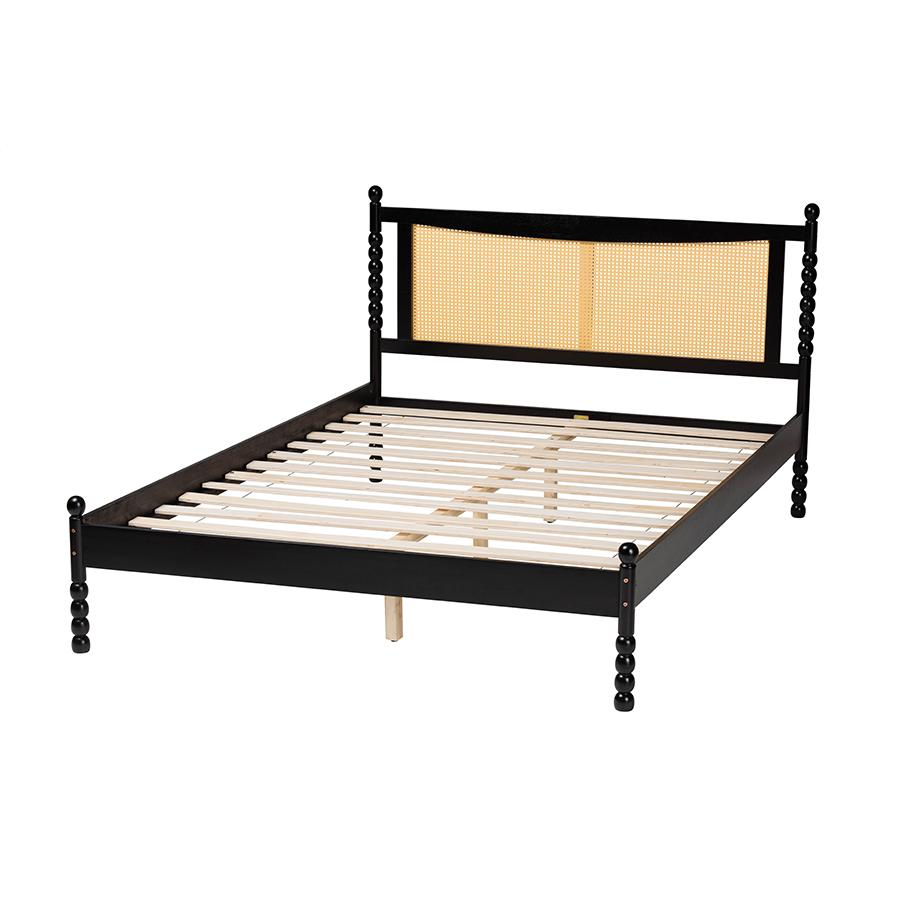 Okena Mid-Century Modern Black Wood Queen Size Platform Bed with Woven Rattan