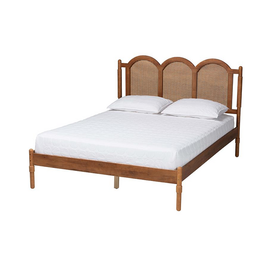 Olly Modern Walnut Brown Finished Wood Queen Size Platform Bed with Woven Rattan