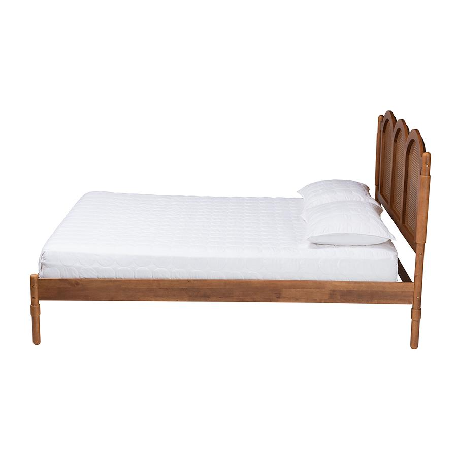 Olly Modern Walnut Brown Finished Wood Queen Size Platform Bed with Woven Rattan