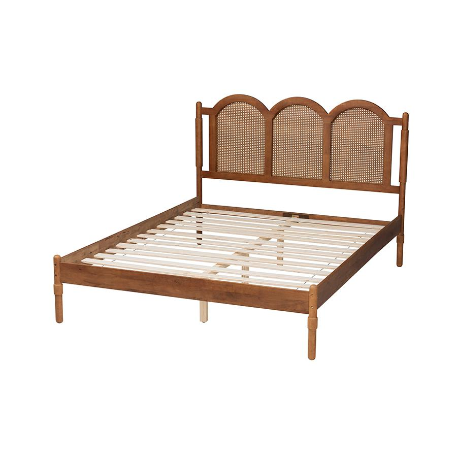 Olly Modern Walnut Brown Finished Wood Queen Size Platform Bed with Woven Rattan