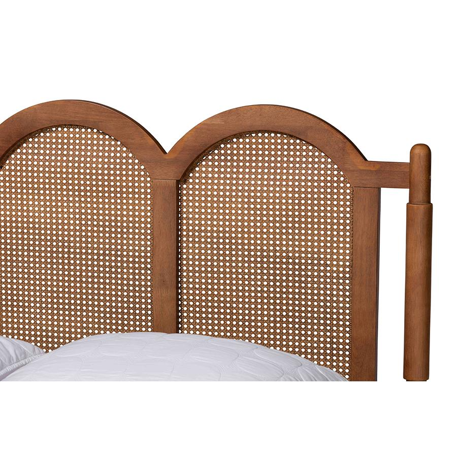 Olly Modern Walnut Brown Finished Wood Queen Size Platform Bed with Woven Rattan