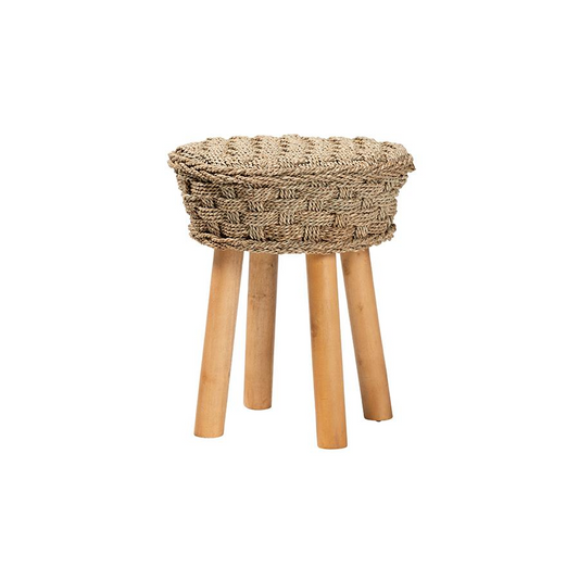 Denver Modern Bohemian Natural Seagrass and Acacia Wood Stool