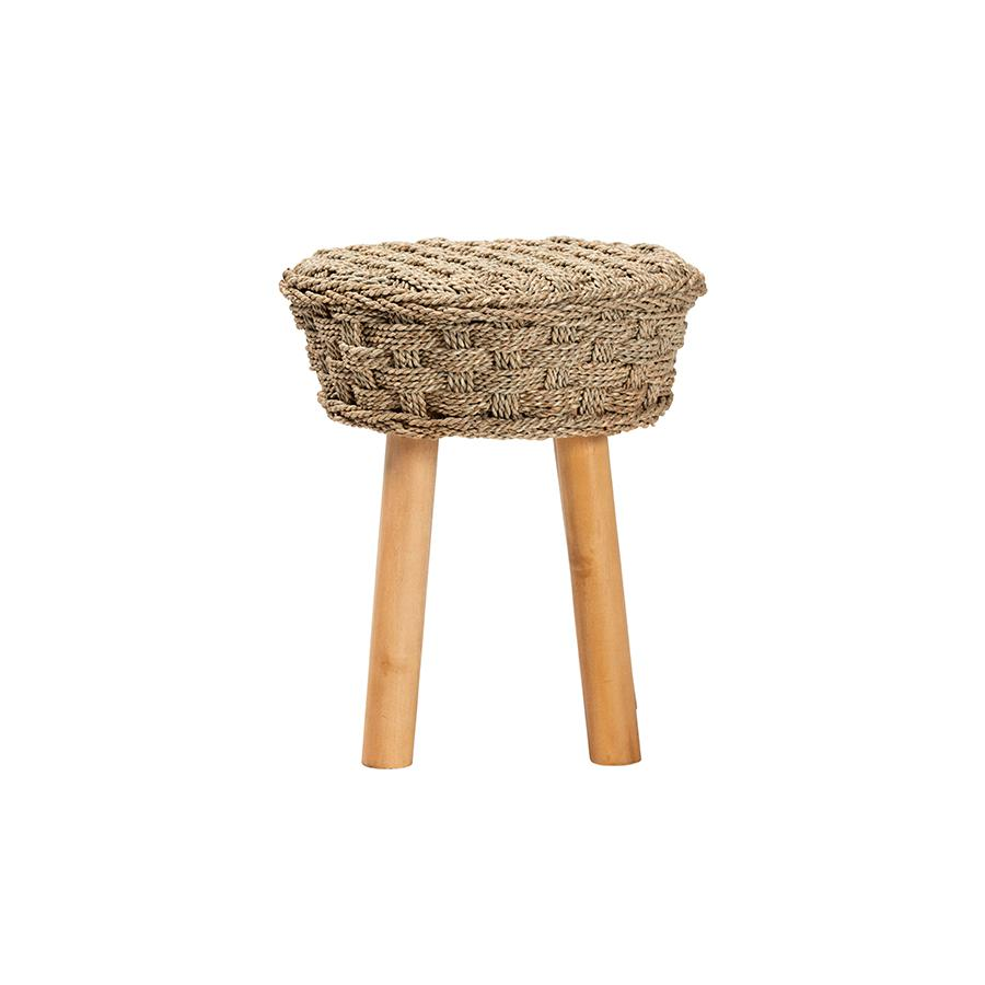 Denver Modern Bohemian Natural Seagrass and Acacia Wood Stool