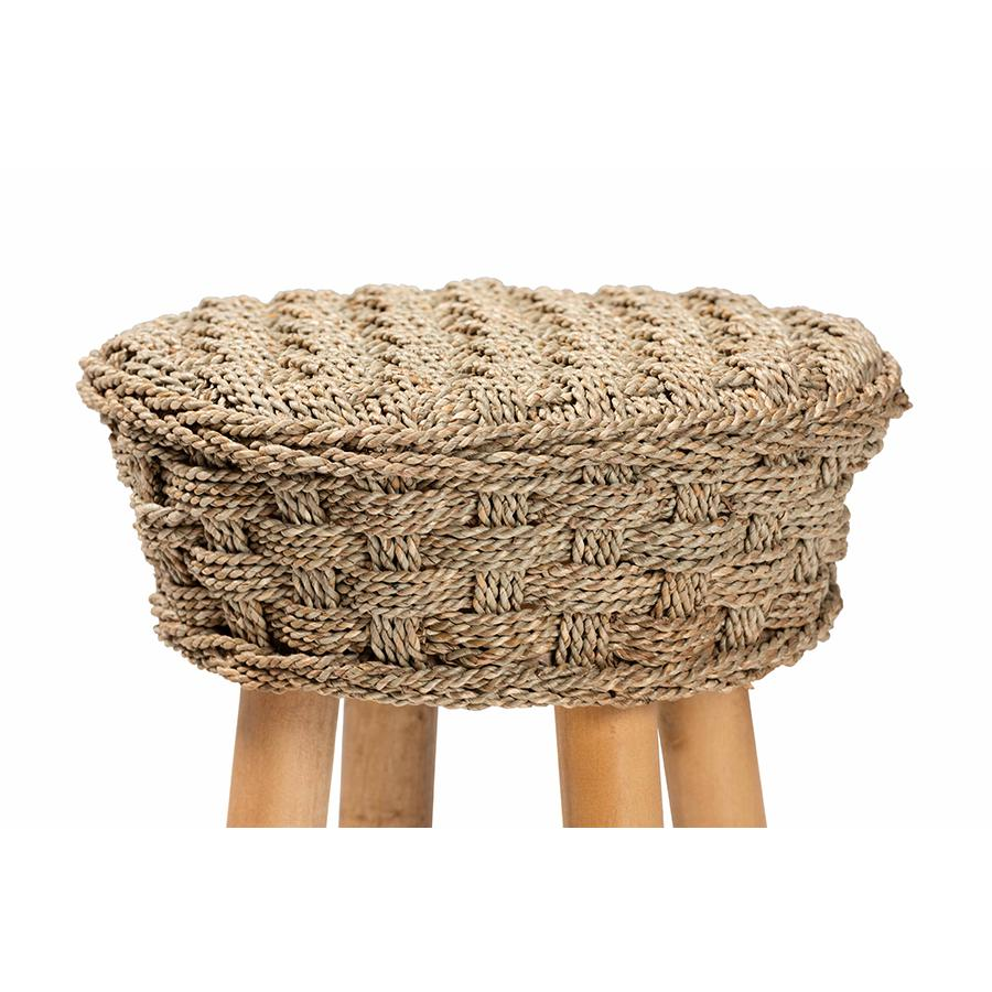 Denver Modern Bohemian Natural Seagrass and Acacia Wood Stool