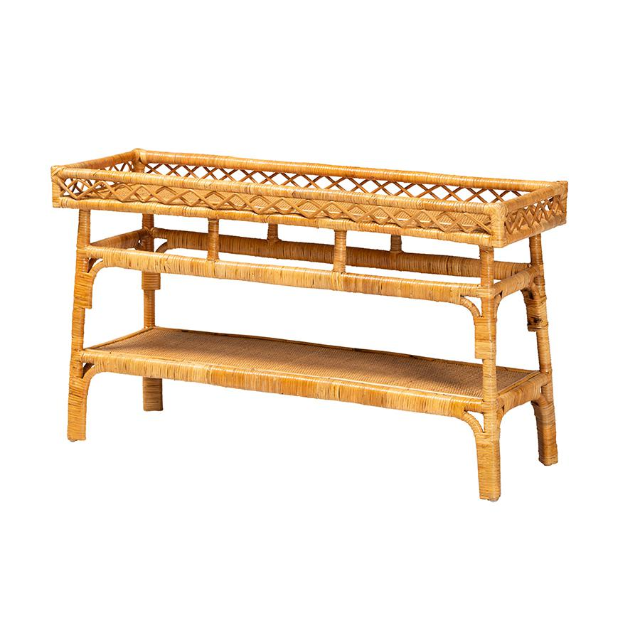 Savitri Modern Bohemian Natural Rattan 2-Tier Console Table