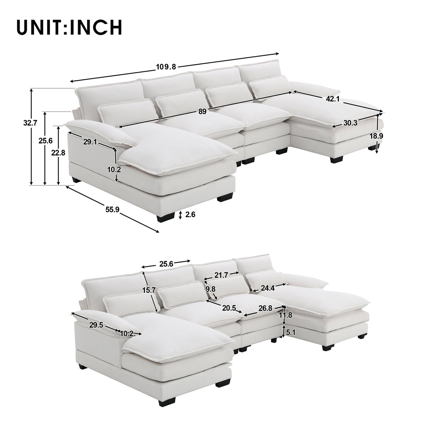 Mitch U-shaped Sectional Sofa with Waist Pillows