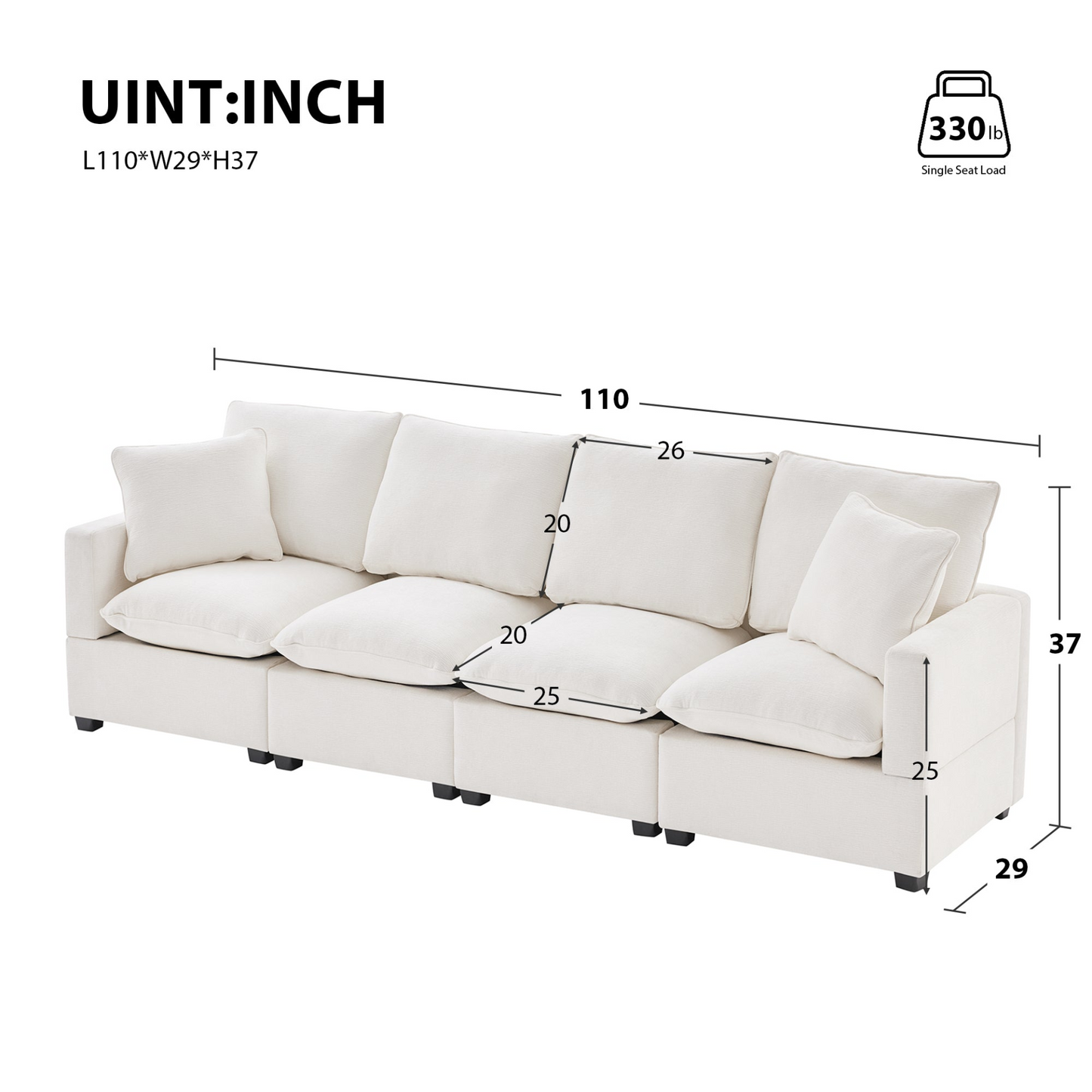 Dani Modern Modular Sofa, 4 Seat Chenille Sectional White