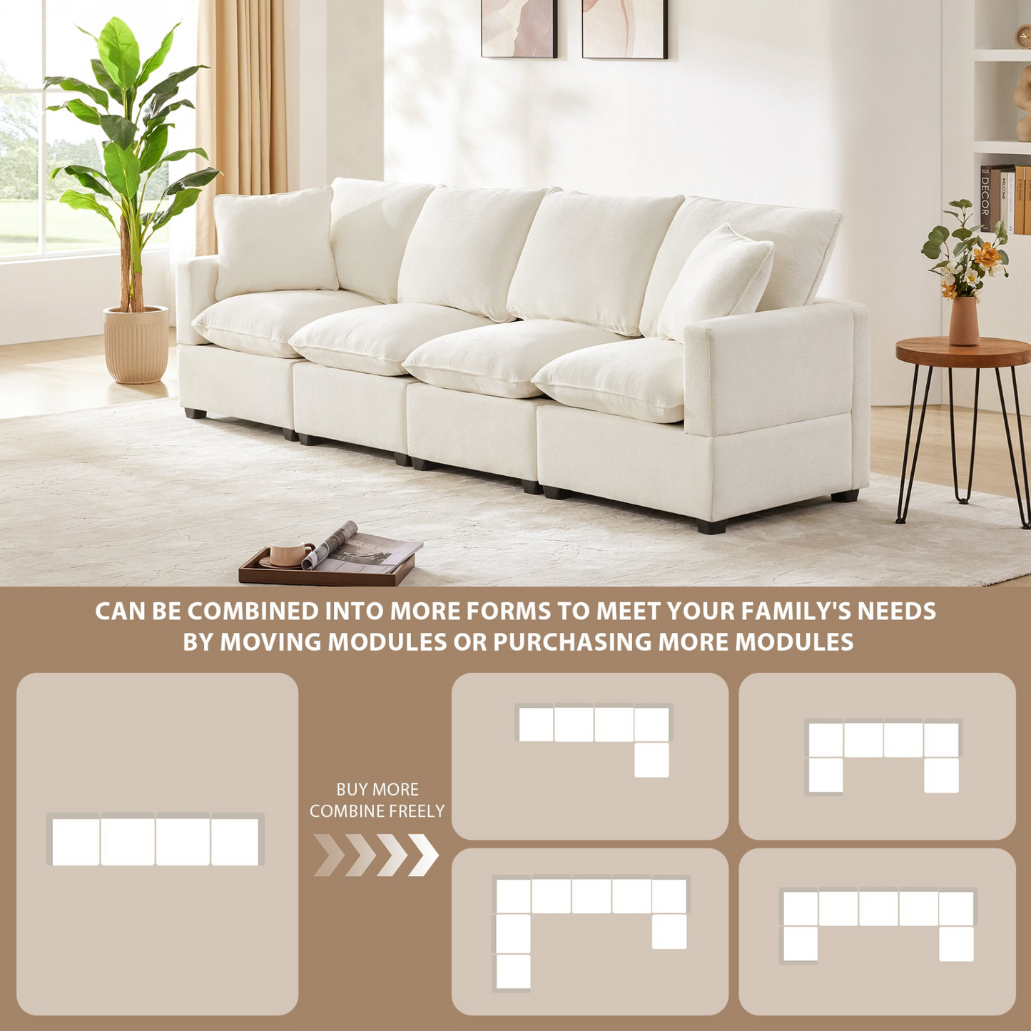 Dani Modern Modular Sofa, 4 Seat Chenille Sectional White