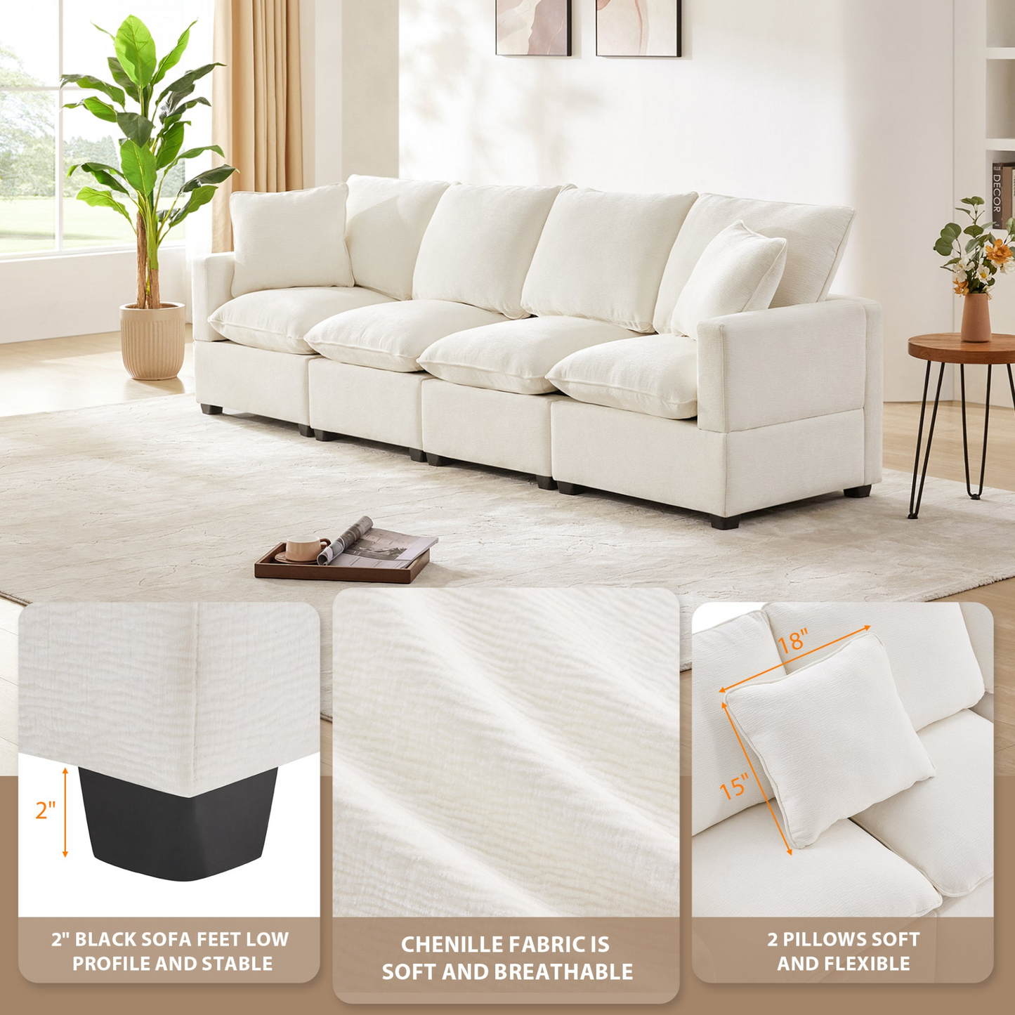 Dani Modern Modular Sofa, 4 Seat Chenille Sectional White