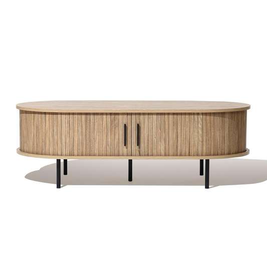 Mid-Century Modern Coffee Table with Storage and Slatted Sliding Doors