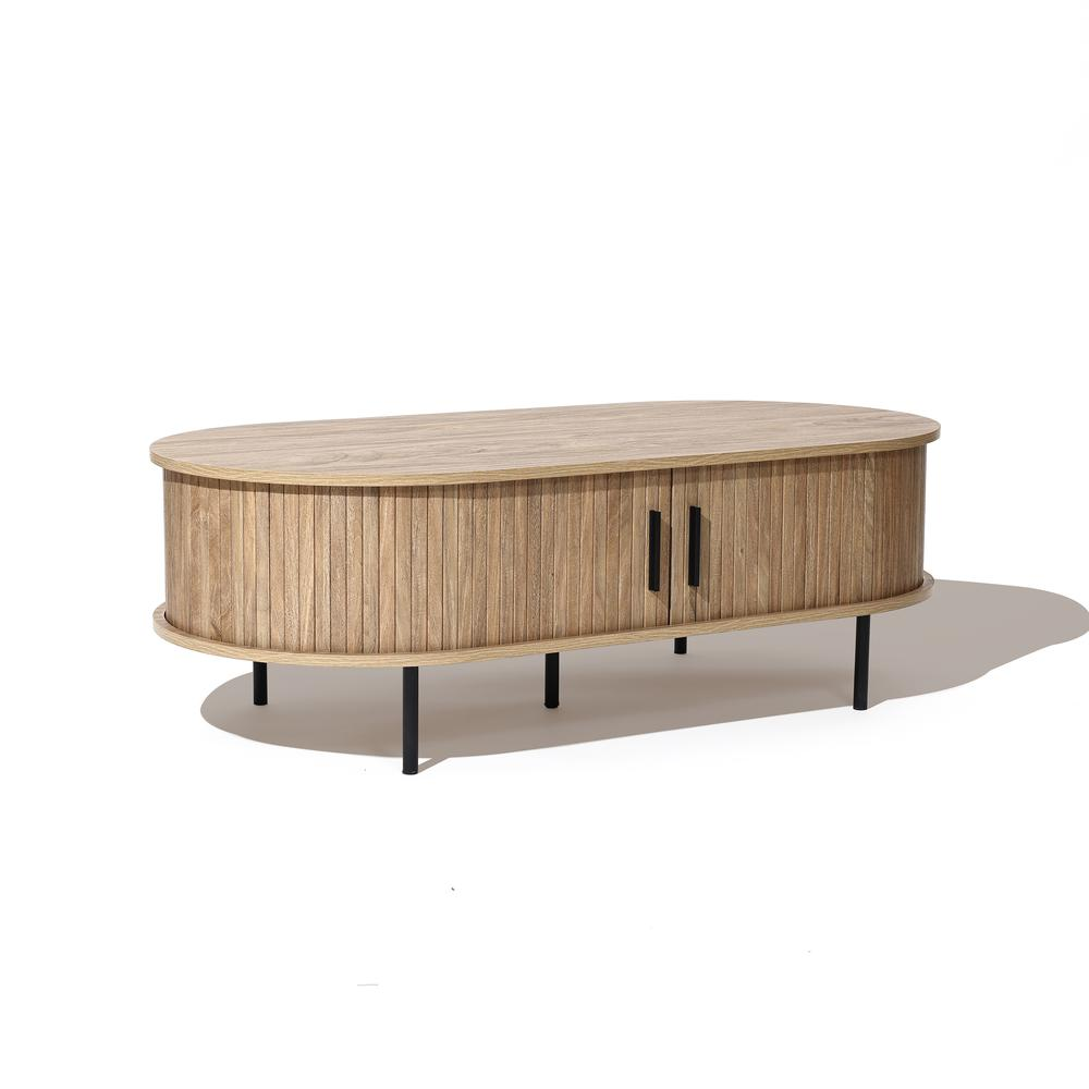 Mid-Century Modern Coffee Table with Storage and Slatted Sliding Doors