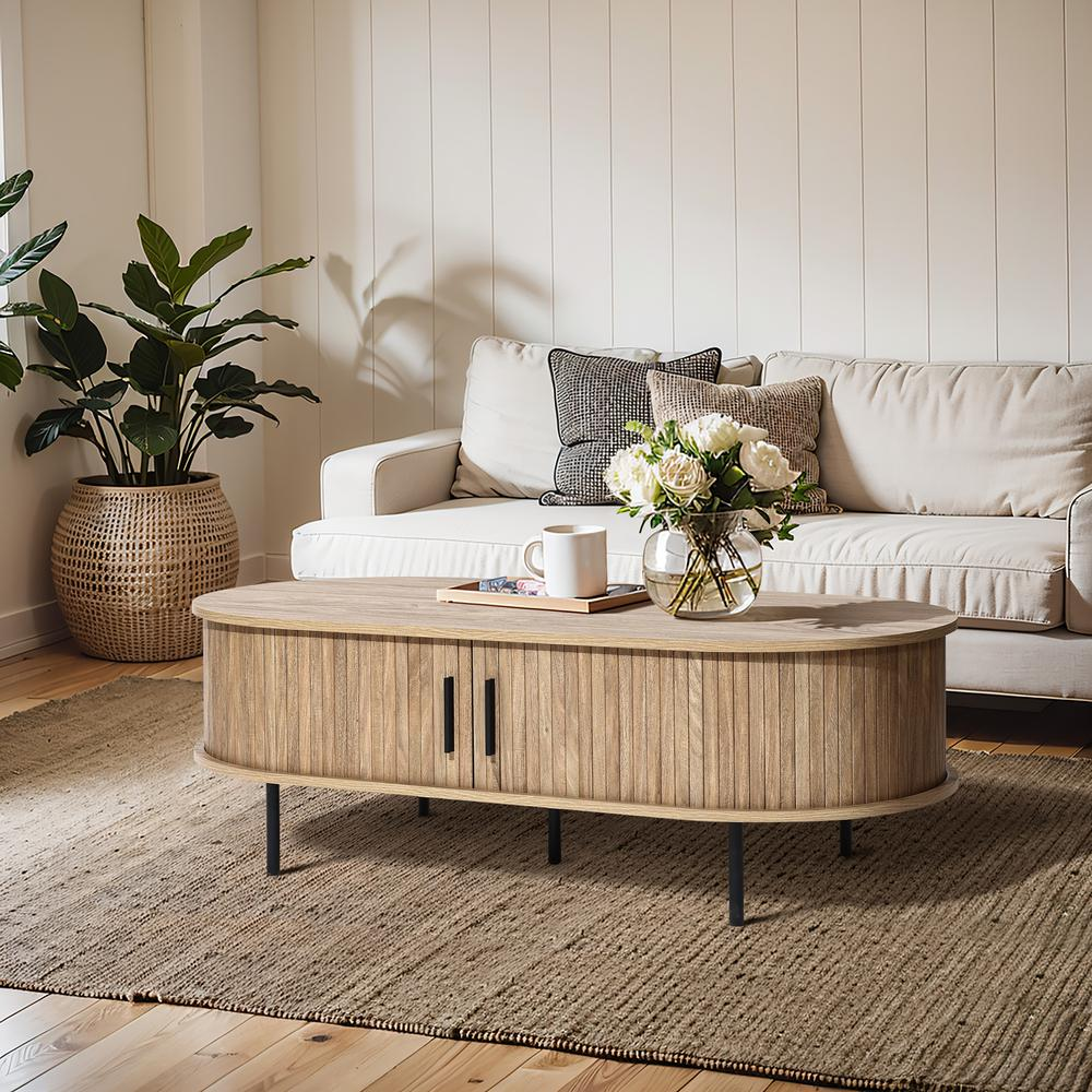 Mid-Century Modern Coffee Table with Storage and Slatted Sliding Doors