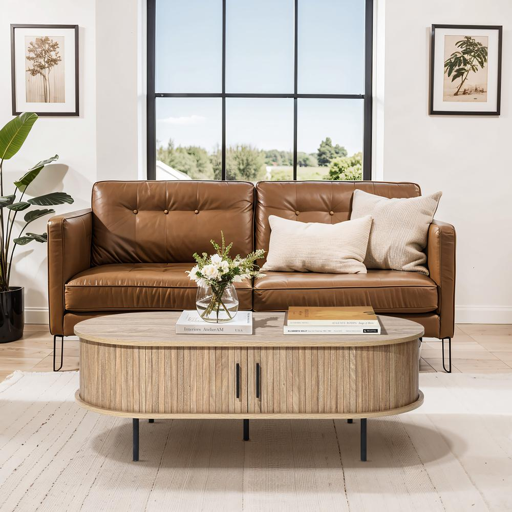 Mid-Century Modern Coffee Table with Storage and Slatted Sliding Doors