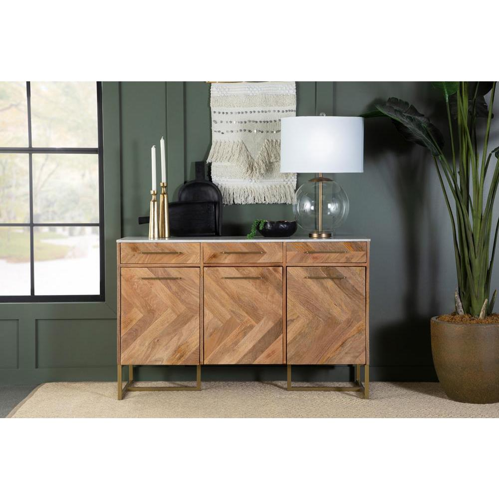 Keaton 3-door Accent Cabinet with Marble Top Natural and Antique Gold