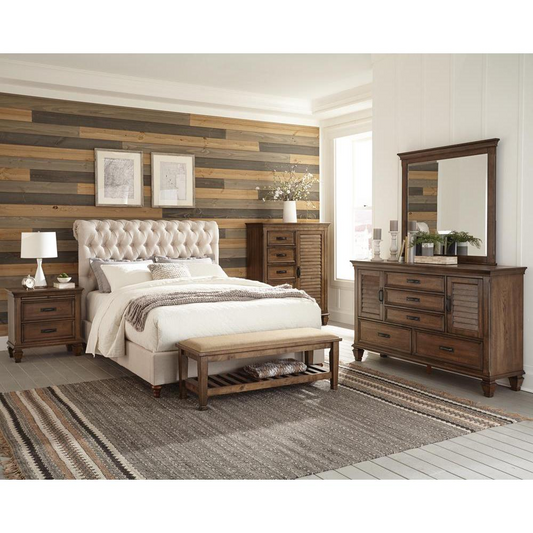 Devon 5-piece Upholstered Queen Bedroom Set Beige and Burnished Oak