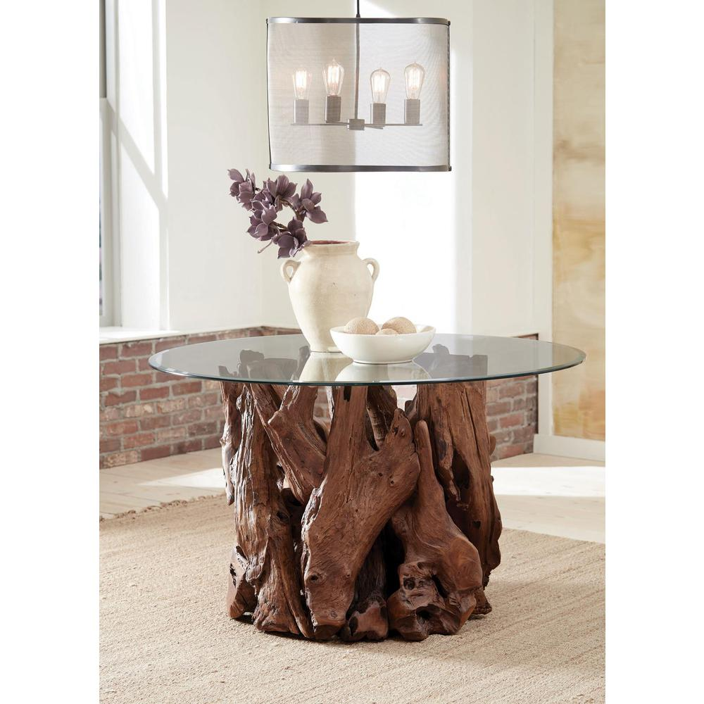 Asbury Round Glass Top Dining Table Clear and Natural Teak