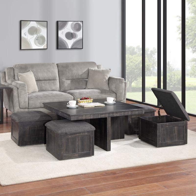 Moseberg Gray Oak Coffee Table with Storage Stools