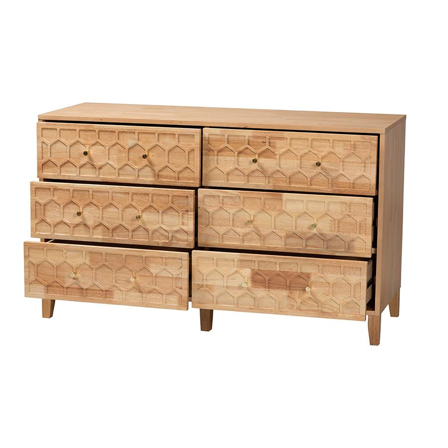 Hosea Japandi Carved Honeycomb Natural 6-Drawer Dresser