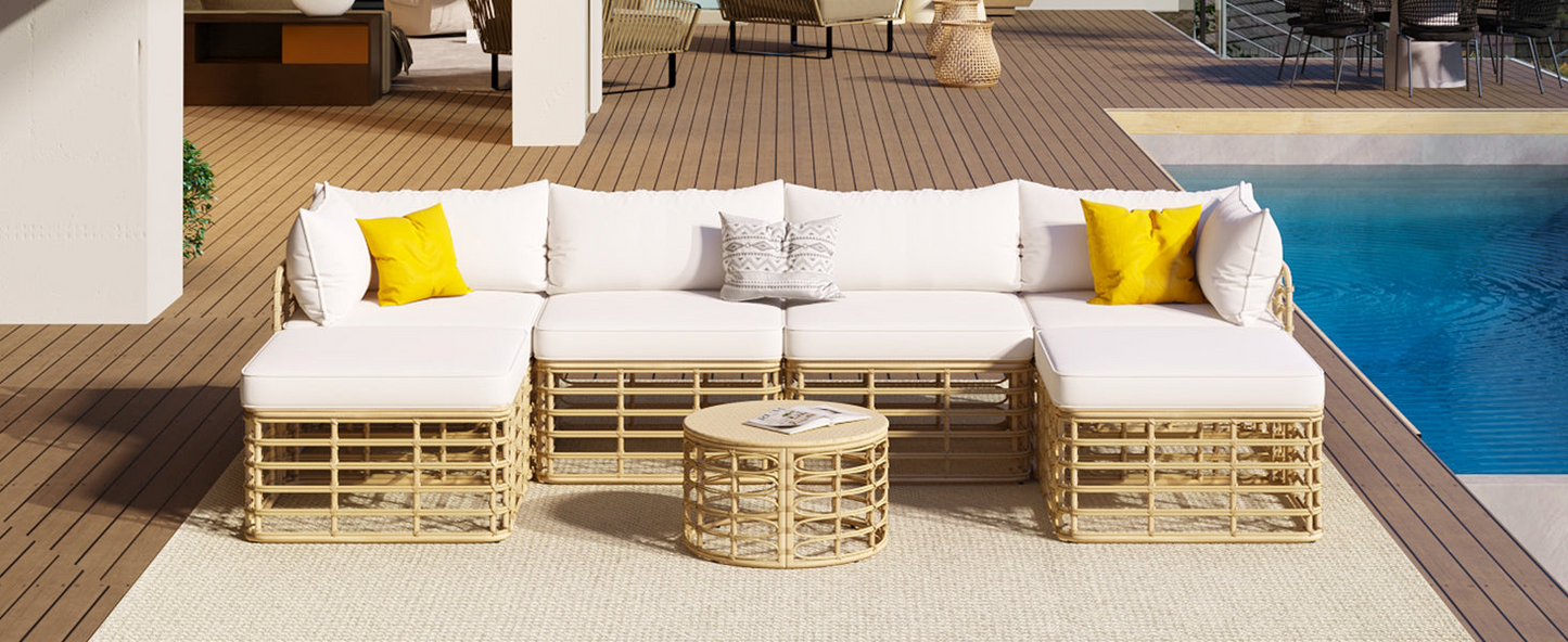 Lexi 7 Pieces Outdoor Patio Furniture, All-Weather Rattan Sectional Sofa Set Beige