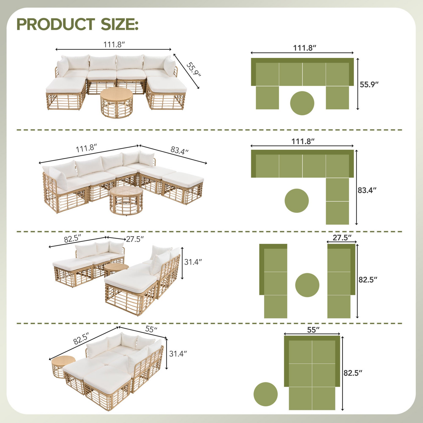 Lexi 7 Pieces Outdoor Patio Furniture, All-Weather Rattan Sectional Sofa Set Beige