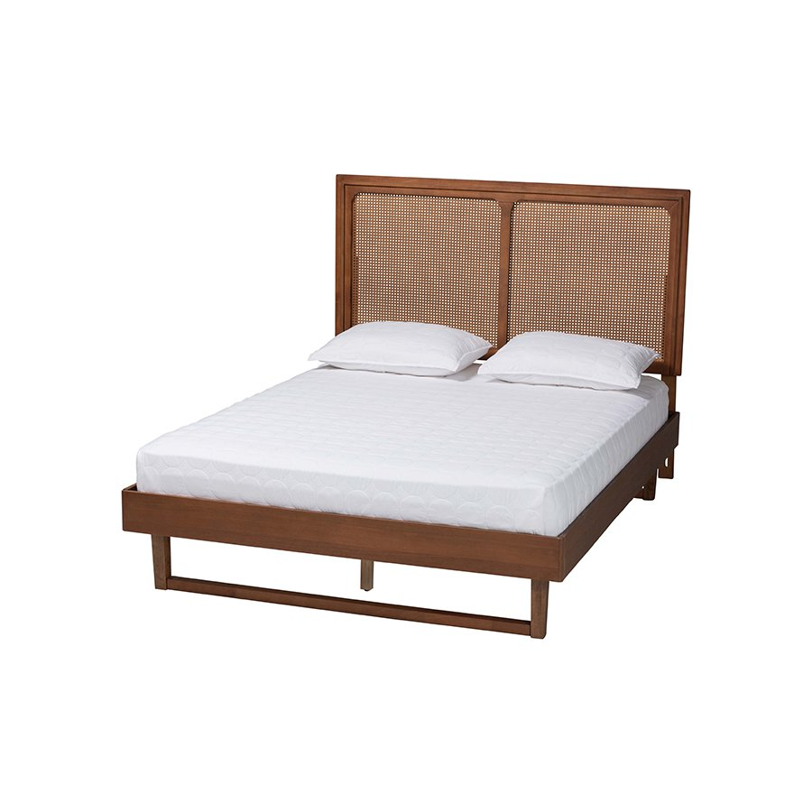 Rondell Mid-Century Modern Ash Walnut Woven Rattan King Size Bed