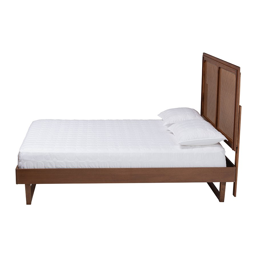 Rondell Mid-Century Modern Ash Walnut Woven Rattan King Size Bed