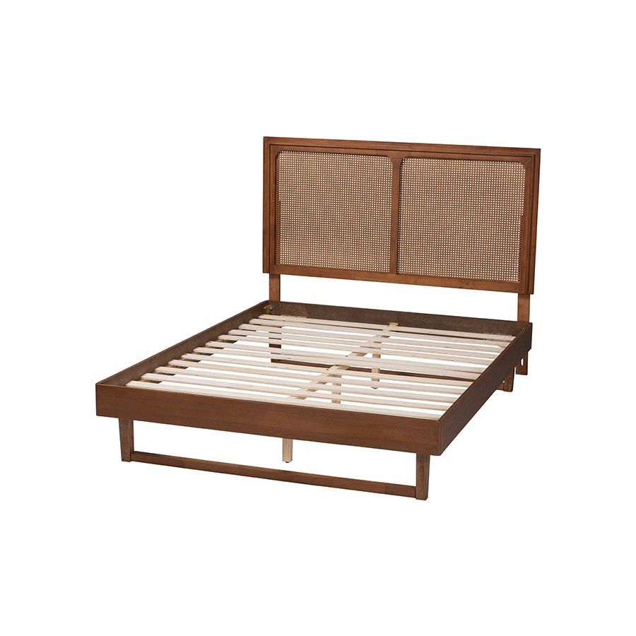 Rondell Mid-Century Modern Ash Walnut Woven Rattan King Size Bed