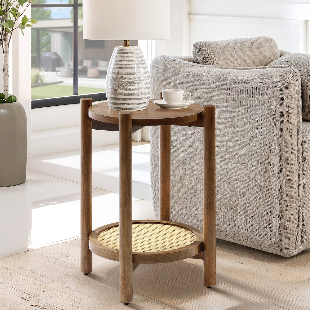 Lihala Chestnut Accent Table with Rattan Shelf